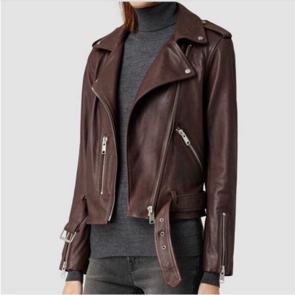 All saints Balfern Leather Jacket Deep Berry 2 - Picture 9 of 11